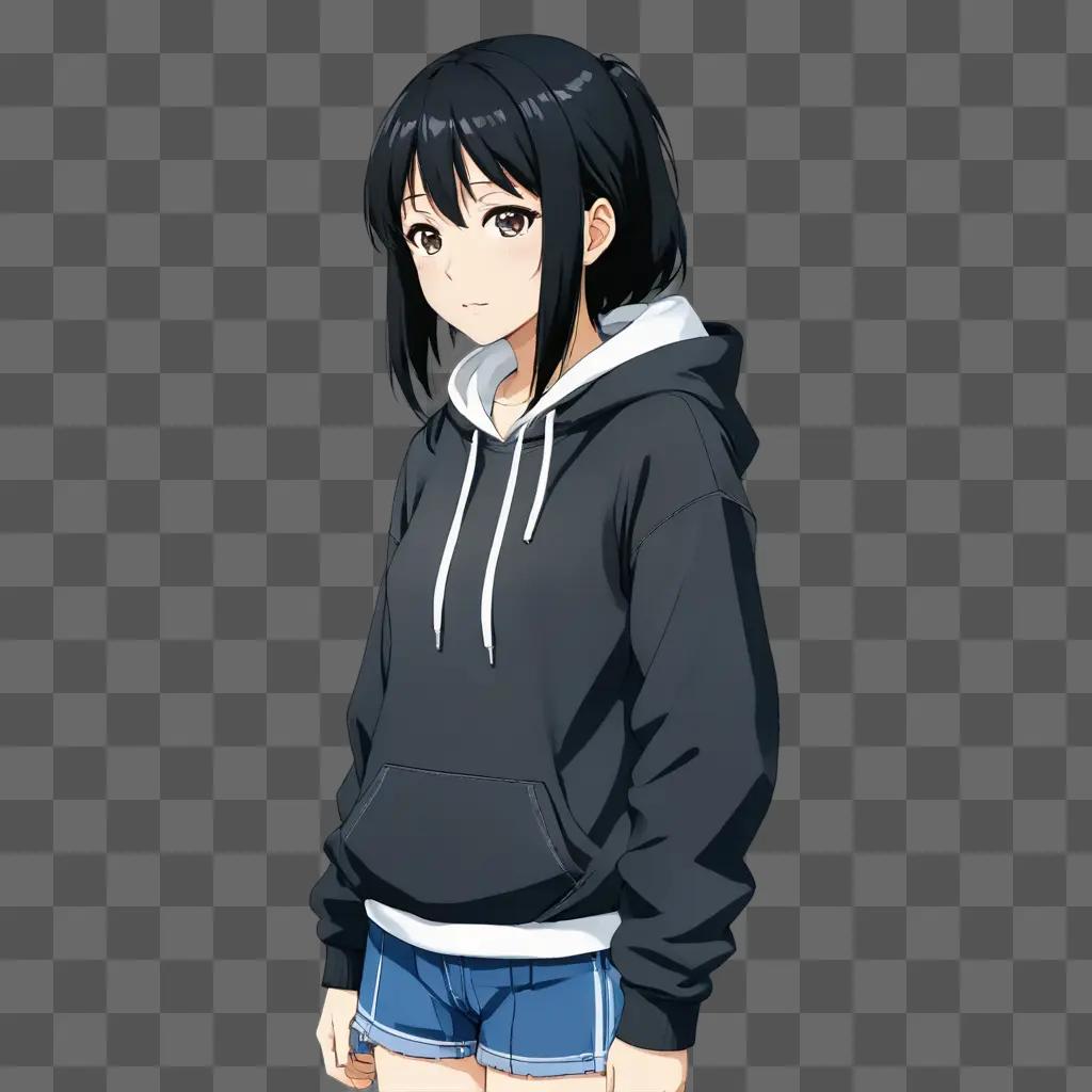 black haired anime girl A girl with a hoodie and shorts