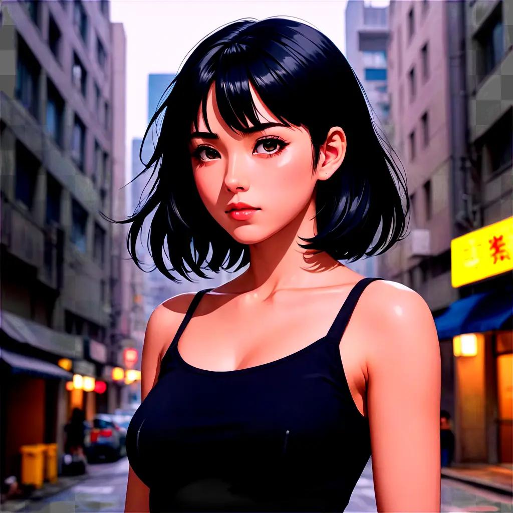 black haired anime girl A girl with black hair stands in a street