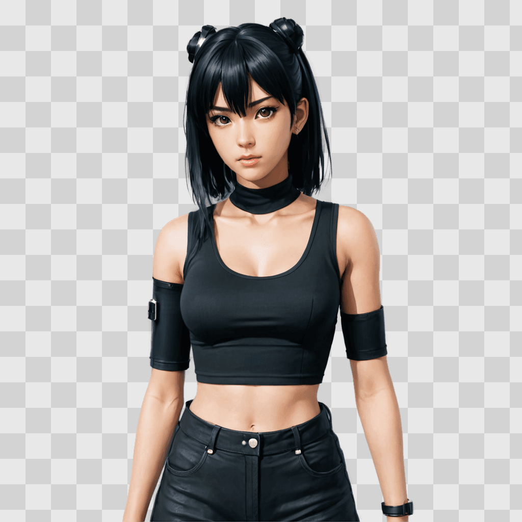 black haired anime girl A young woman in a black tank top and shorts