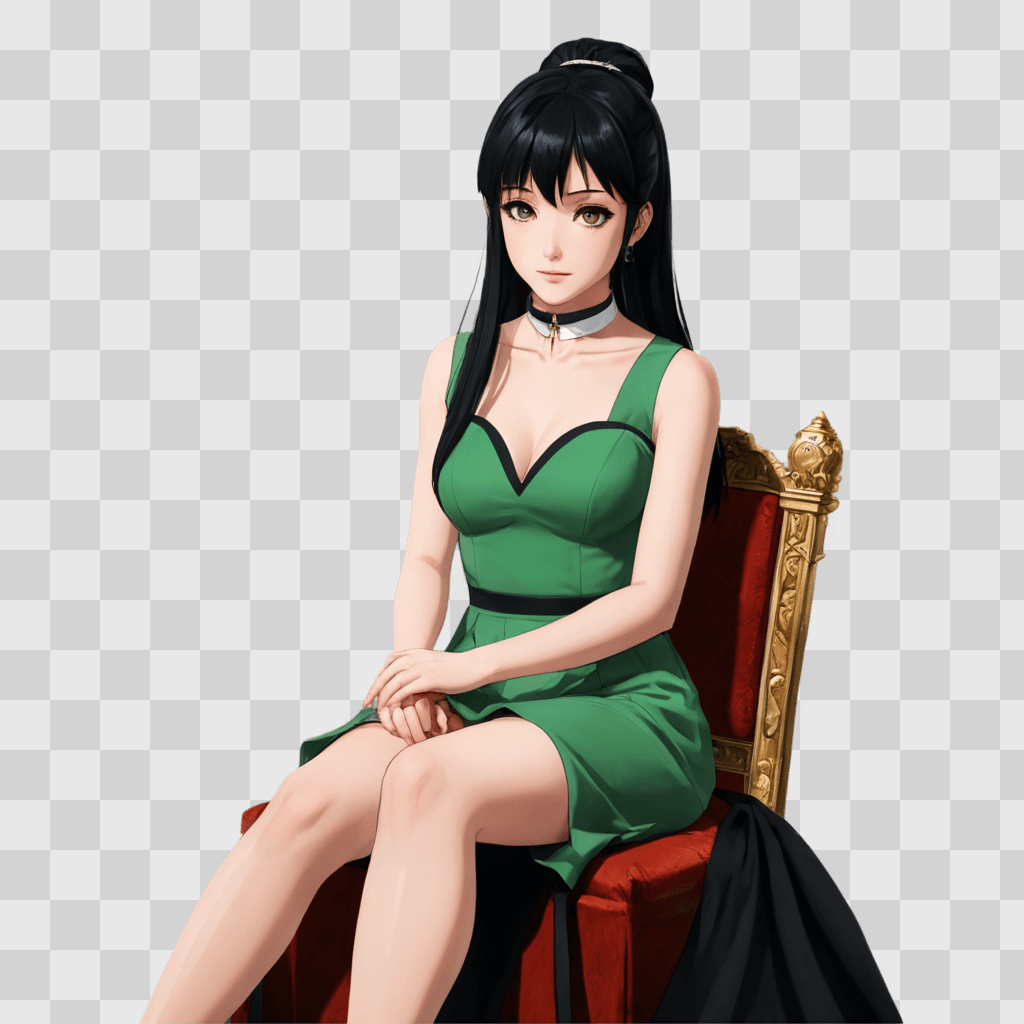 black haired anime girl A young woman in a green dress sits on a chair