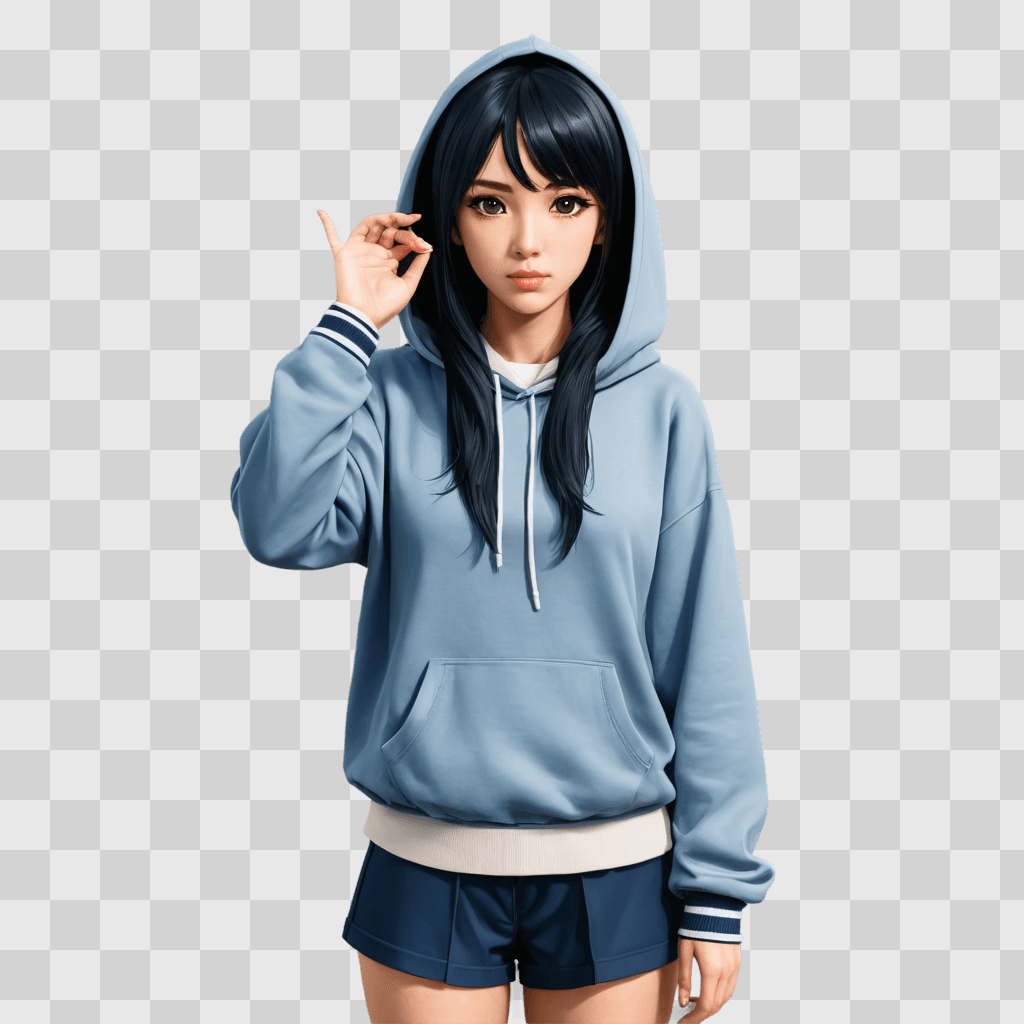 black haired anime girl An anime girl in a blue hoodie poses against a gray background