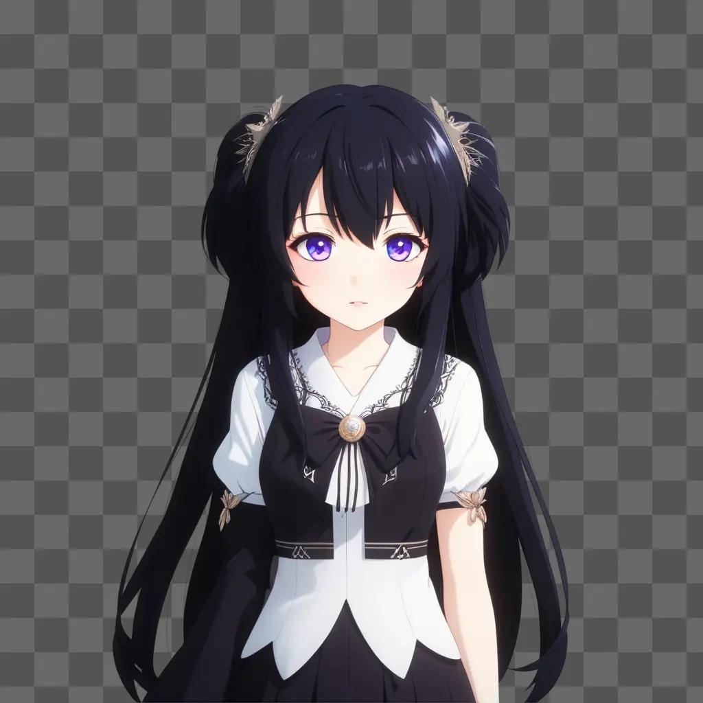 black-haired anime girl stares at the camera in a black and white dress