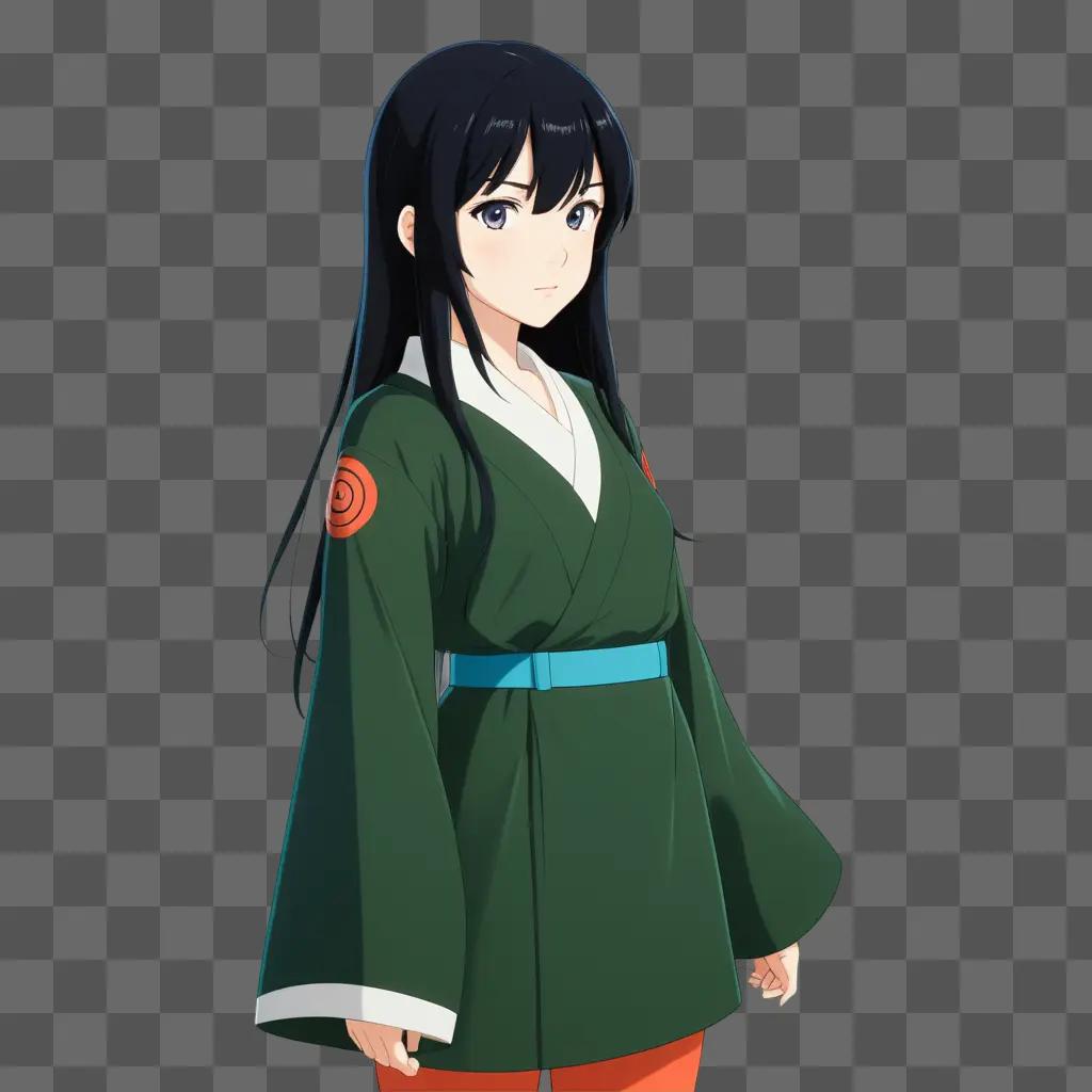 black-haired anime girl with a green dress and a blue belt