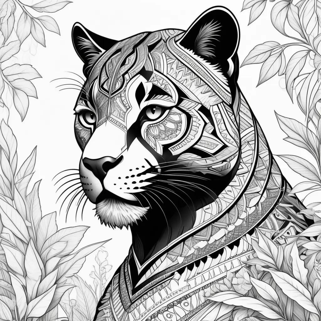 black panther coloring page in a floral setting