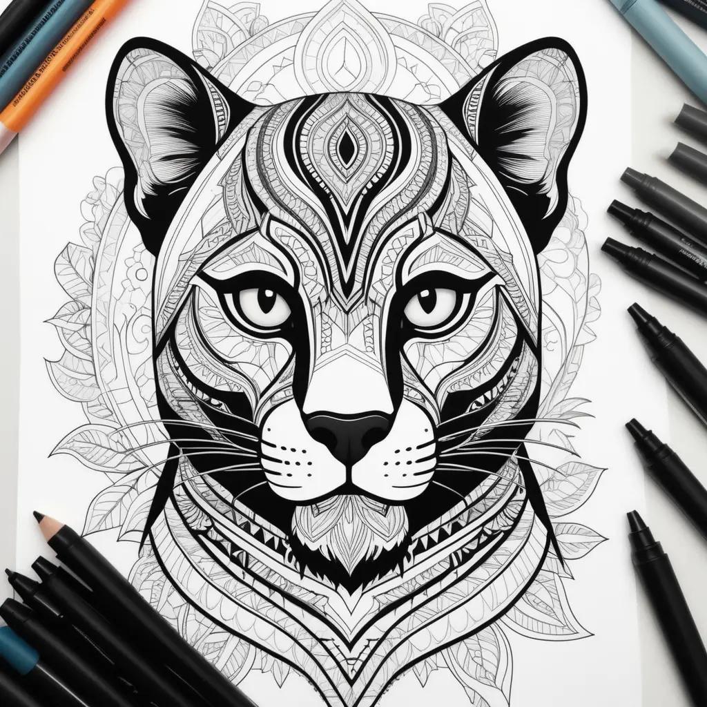 black panther coloring page with various pens