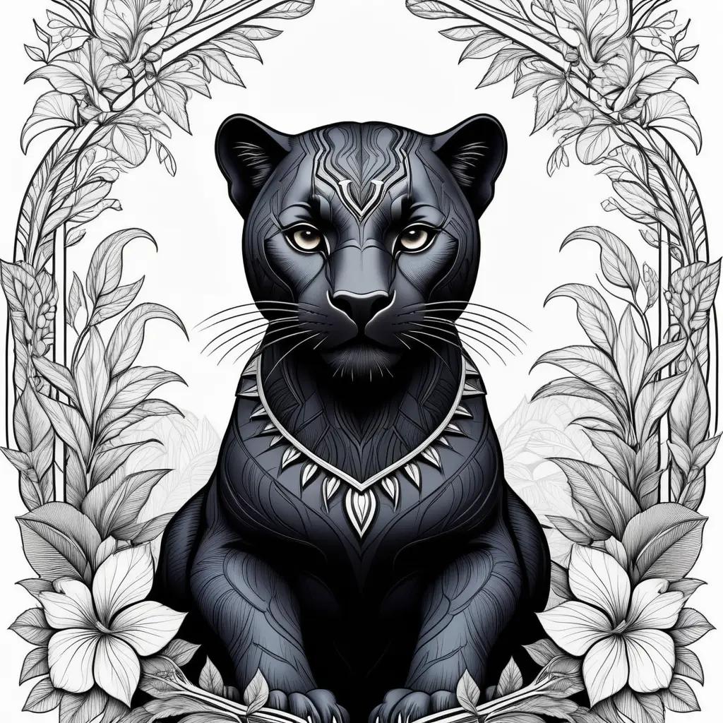 black panther sits in a floral frame