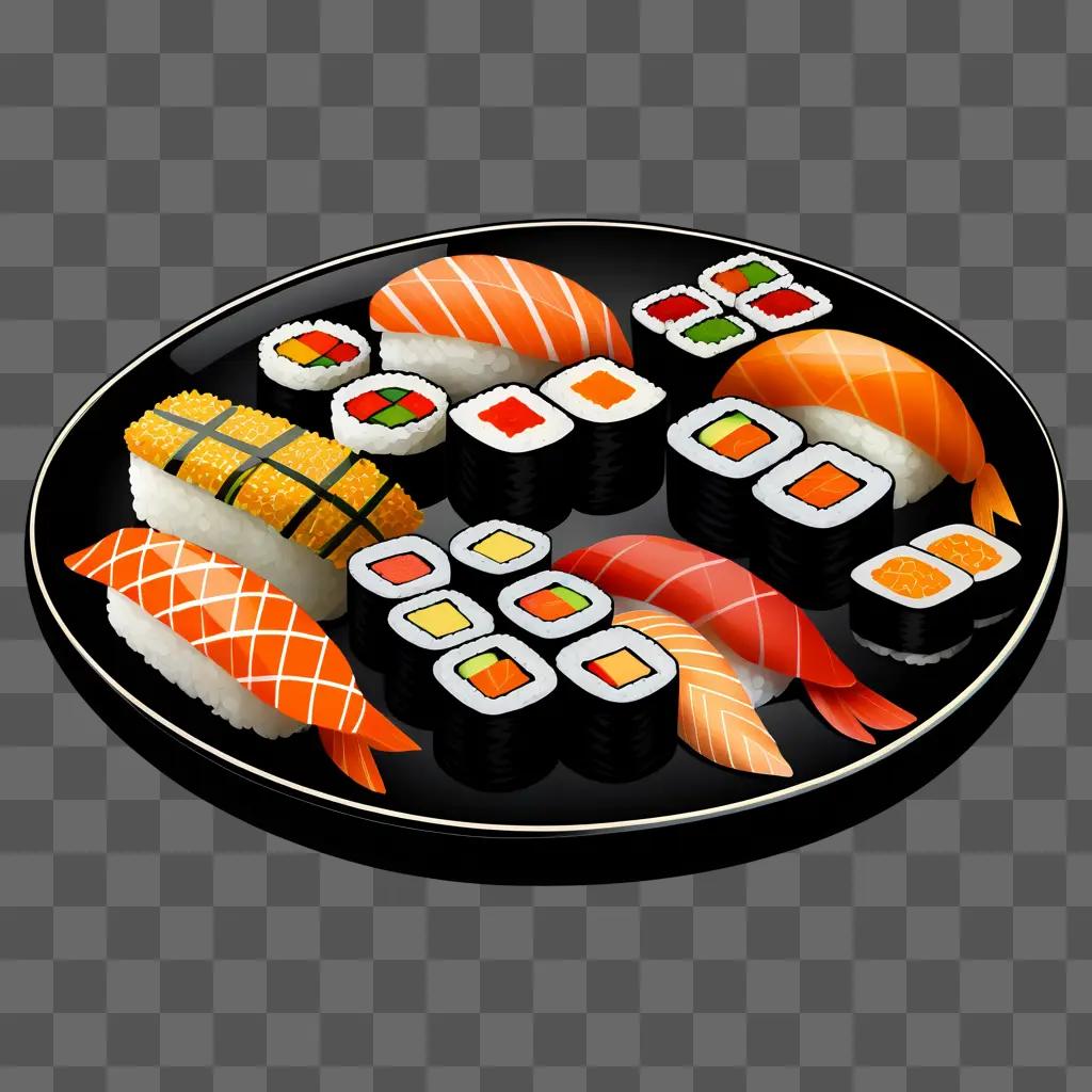 black plate with various types of sushi drawn