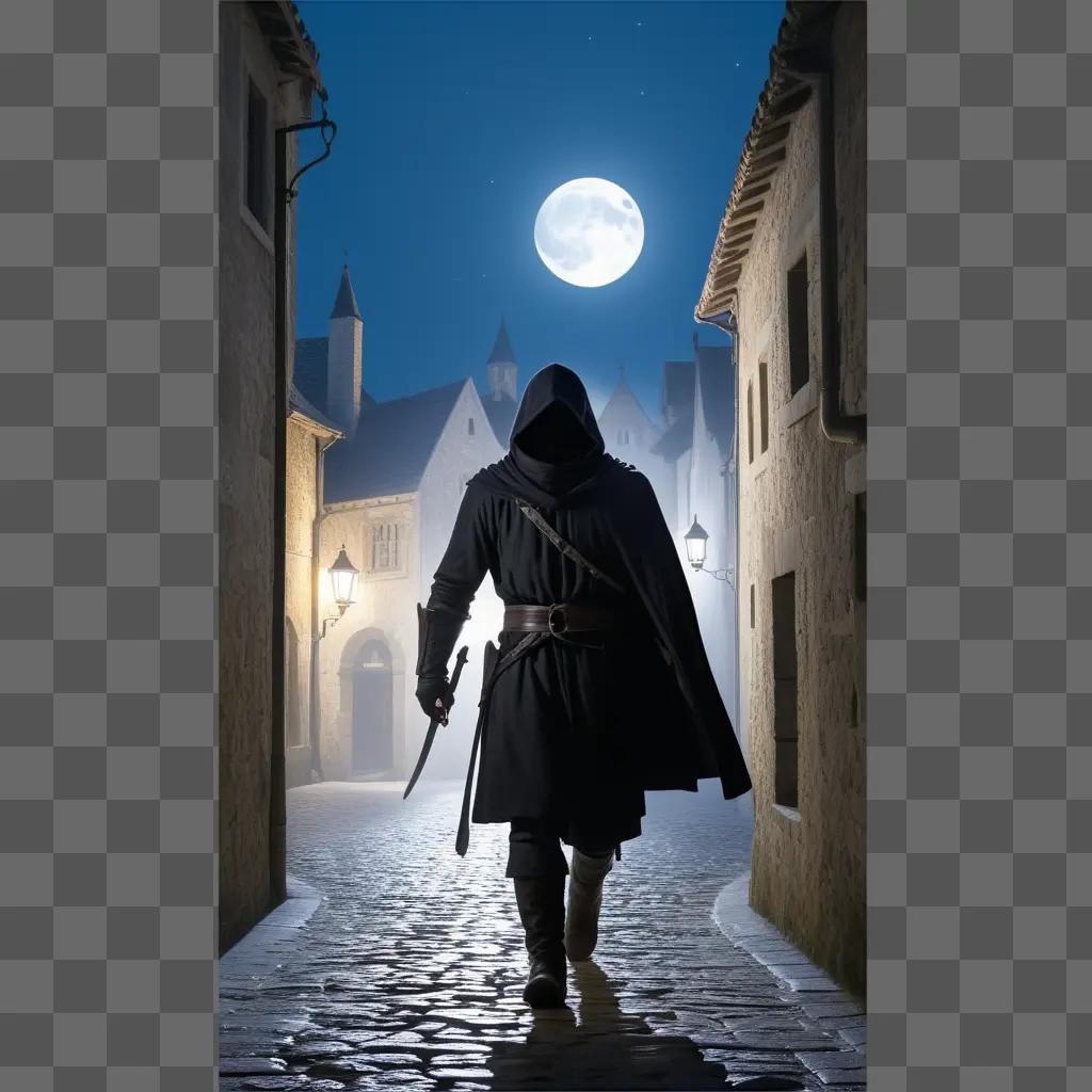 black-robed thief walks down cobblestone streets