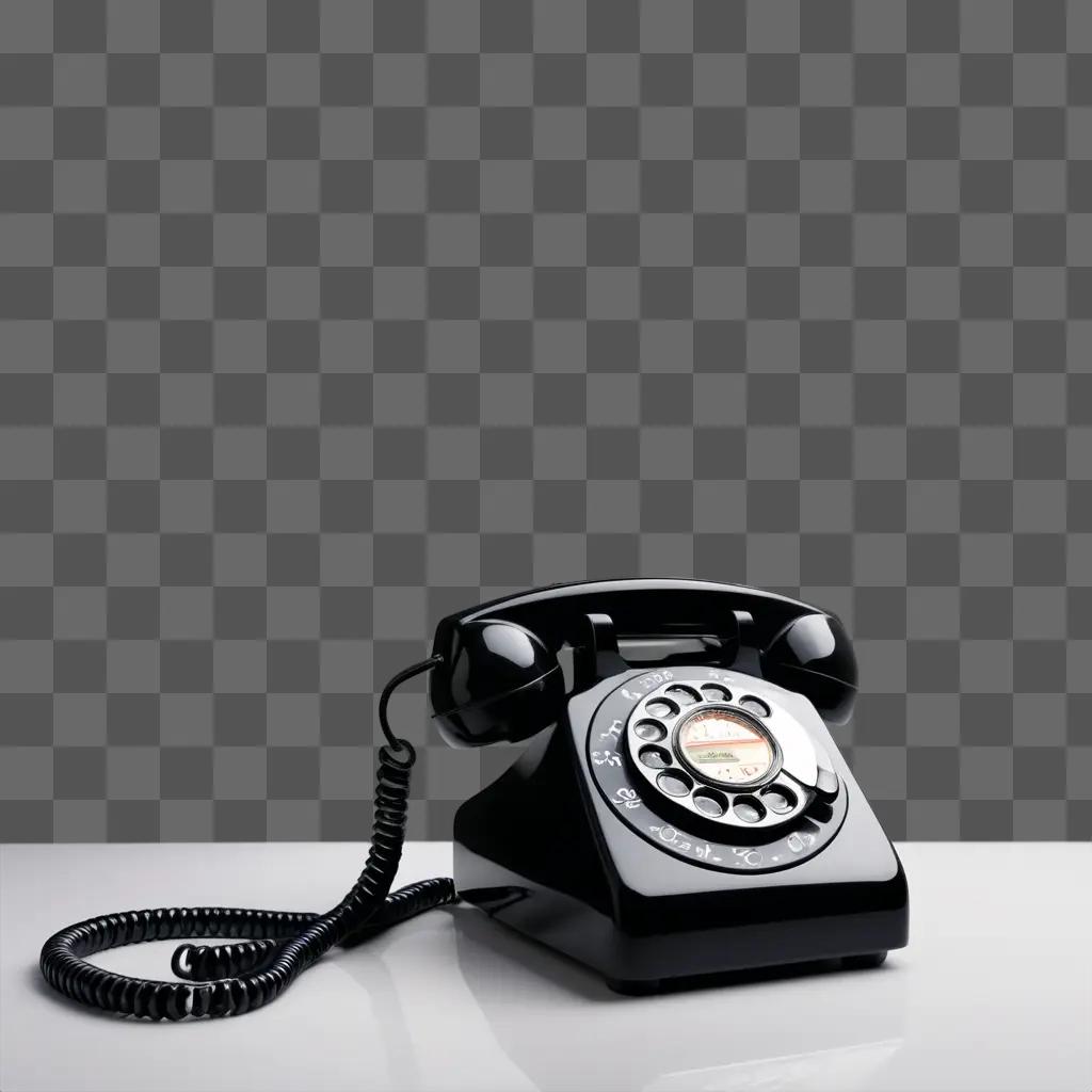 black telephone with dial and cord on a grey background