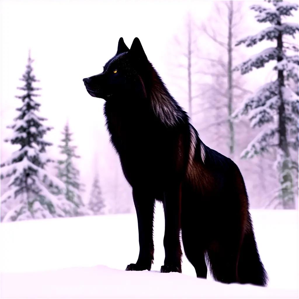 雪に覆われた丘の中腹に立つ黒い狼
