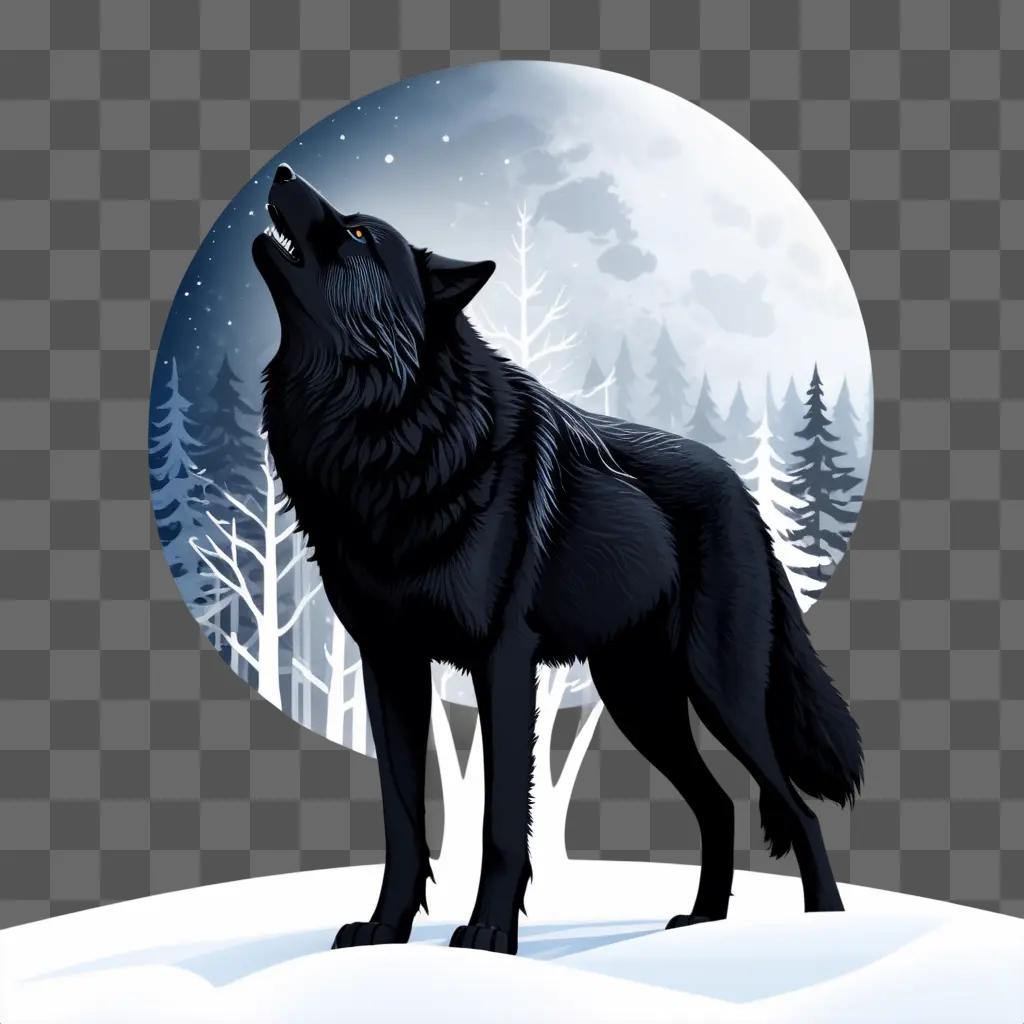 雪景色に立つ黒い狼