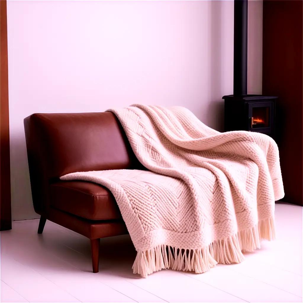 blanket on a couch next to a wood stove