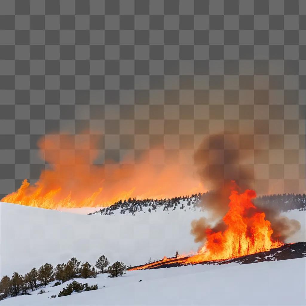 blazing fire in a snowy landscape with trees