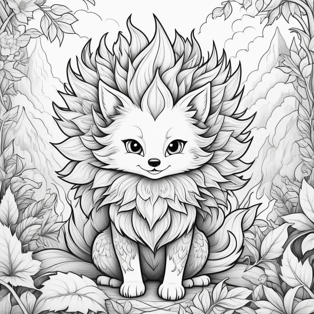 blazing fox sits in the forest with leaves