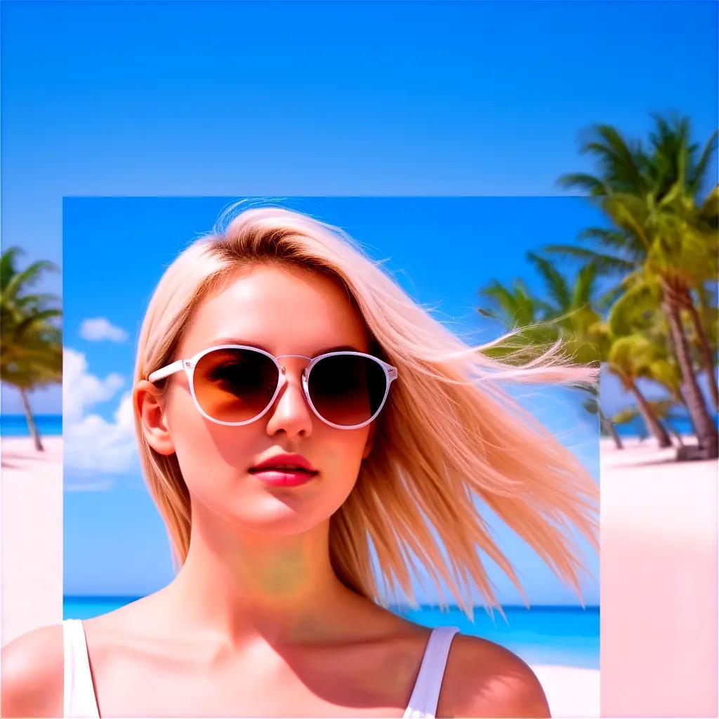 blond woman with sunglasses and a tan on a beach