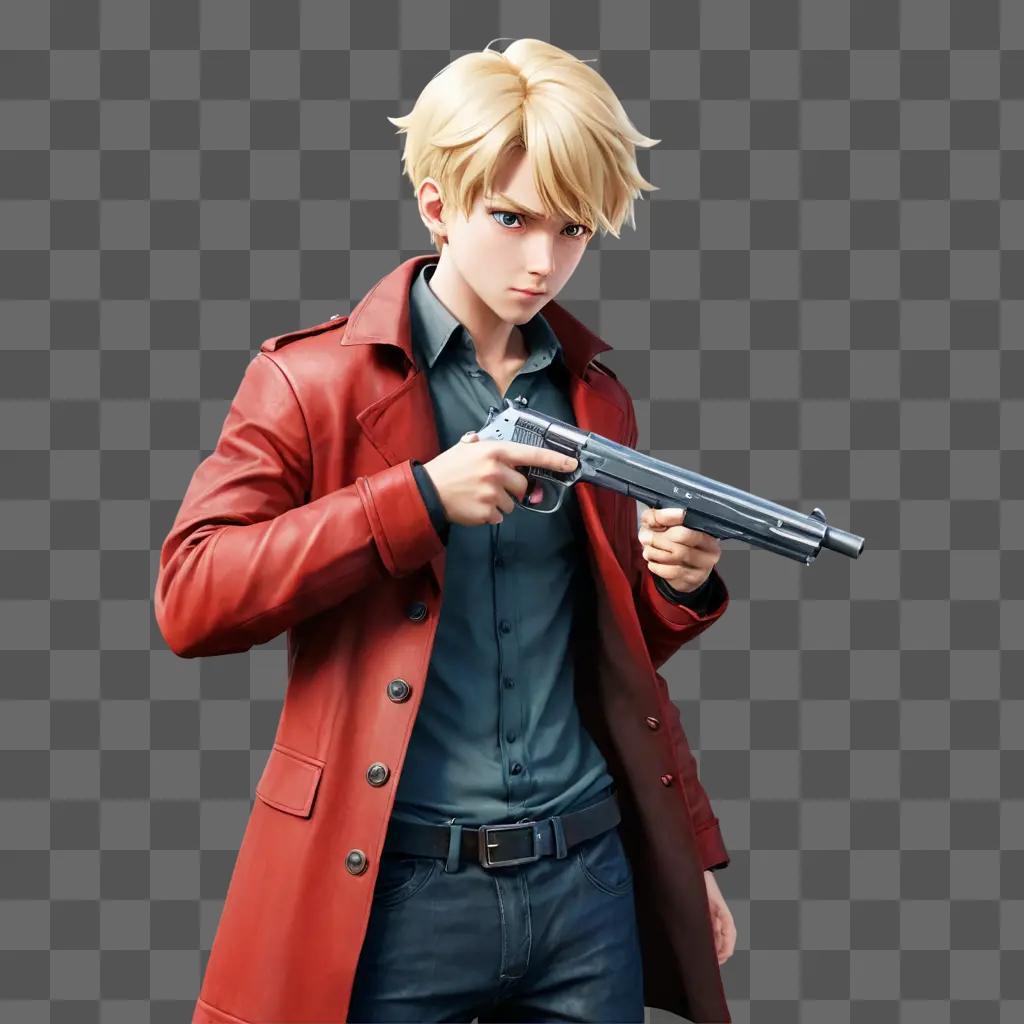 blonde anime boy A young man in a red coat holds a gun