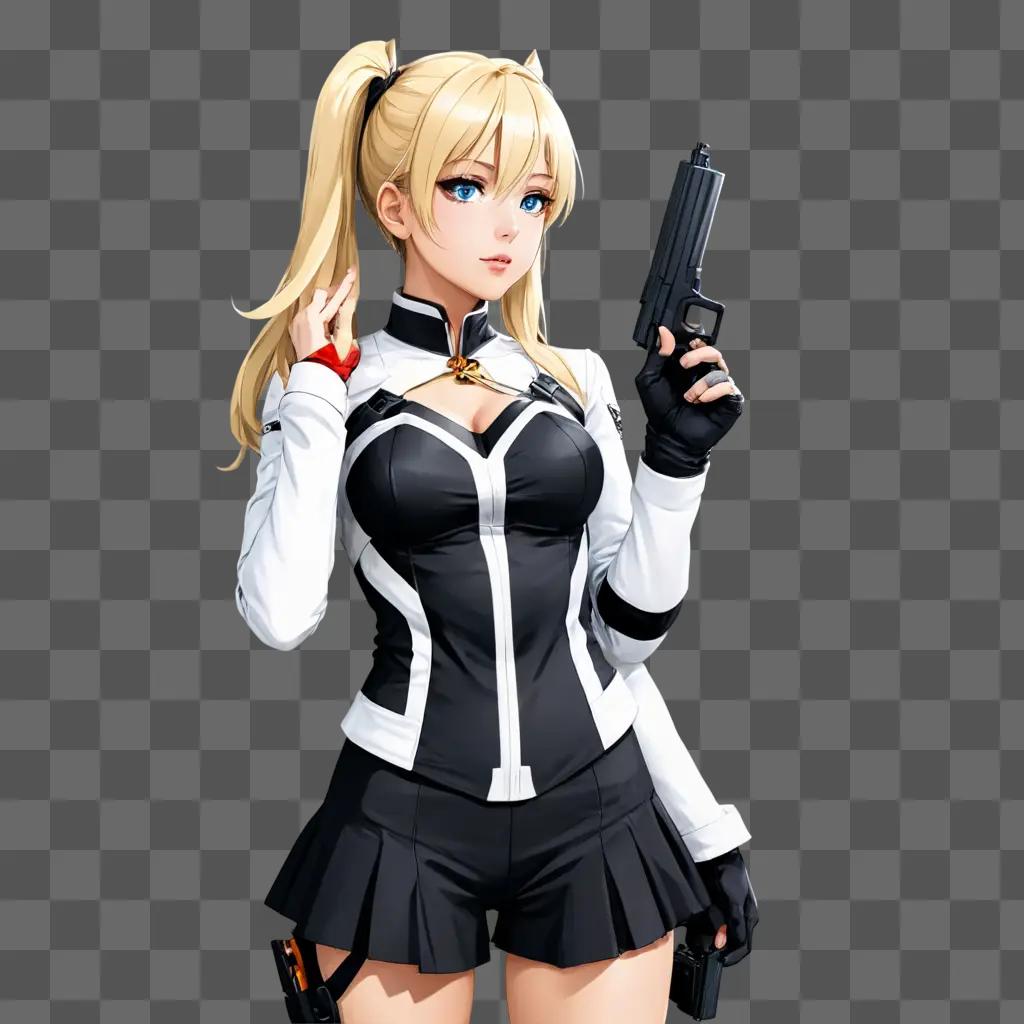 blonde anime girl A pretty girl holds a gun in a dark room