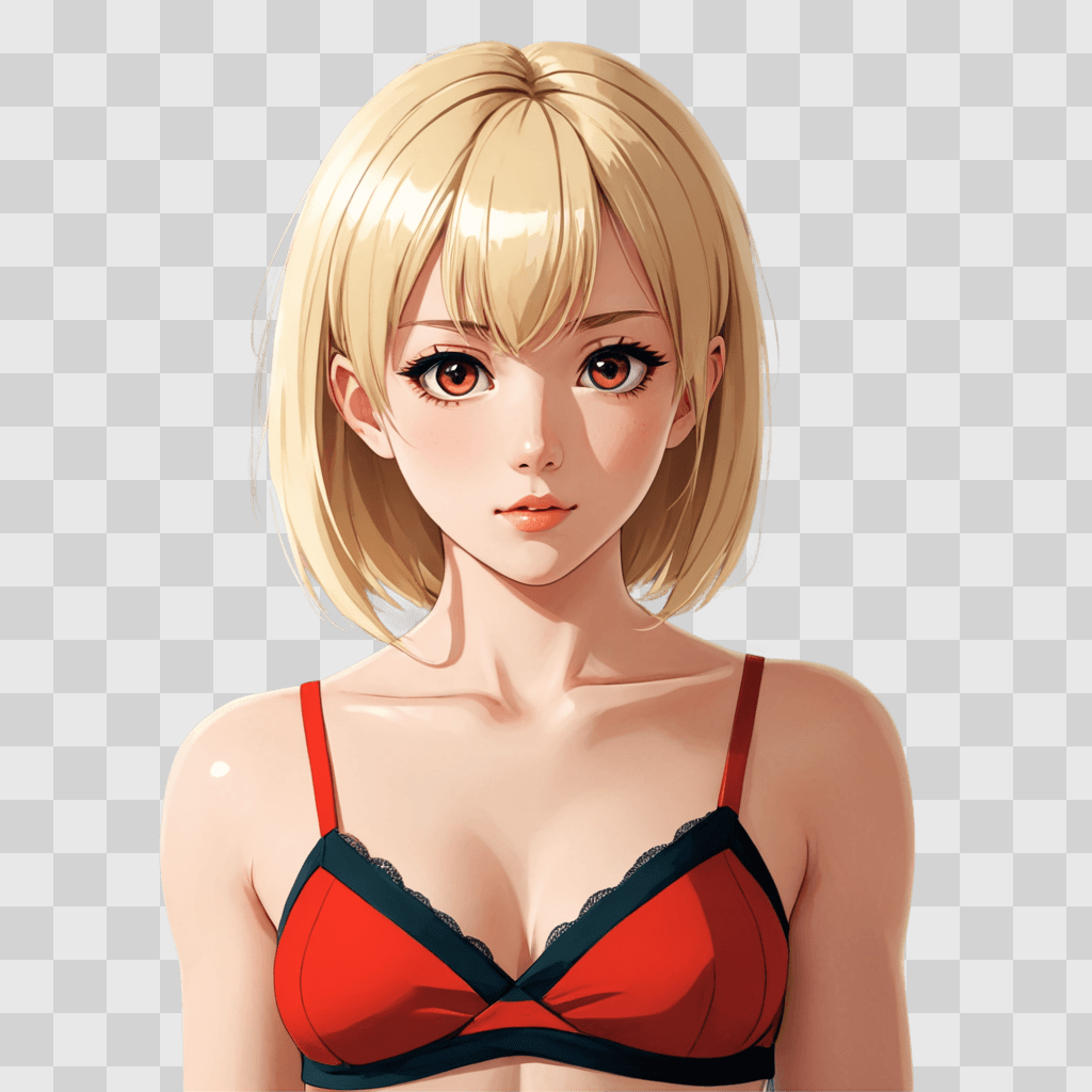 blonde anime girl A woman wearing a red bra in an anime style