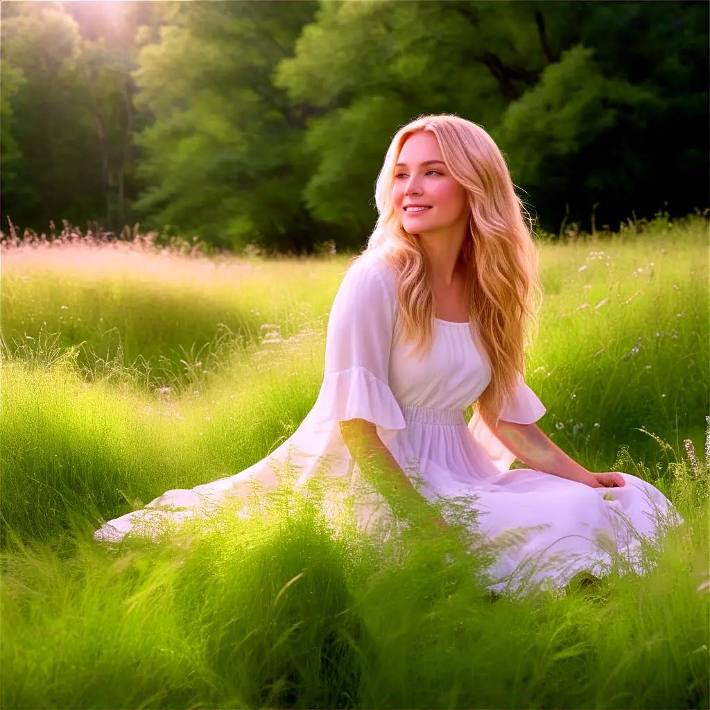 blonde girl sits in a field of grass