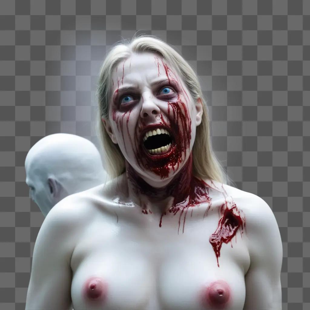 bloody female zombie in a white suit