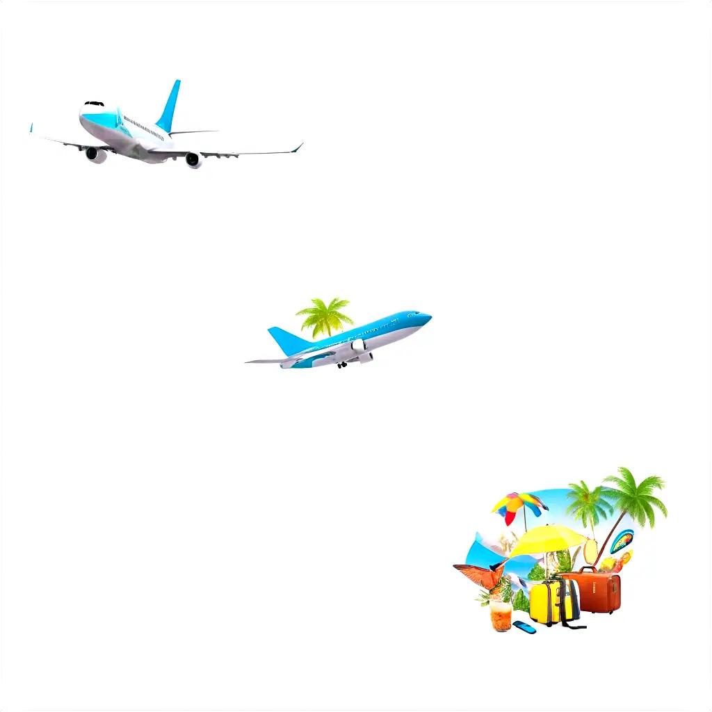 blue airplane and vacation items in the sky