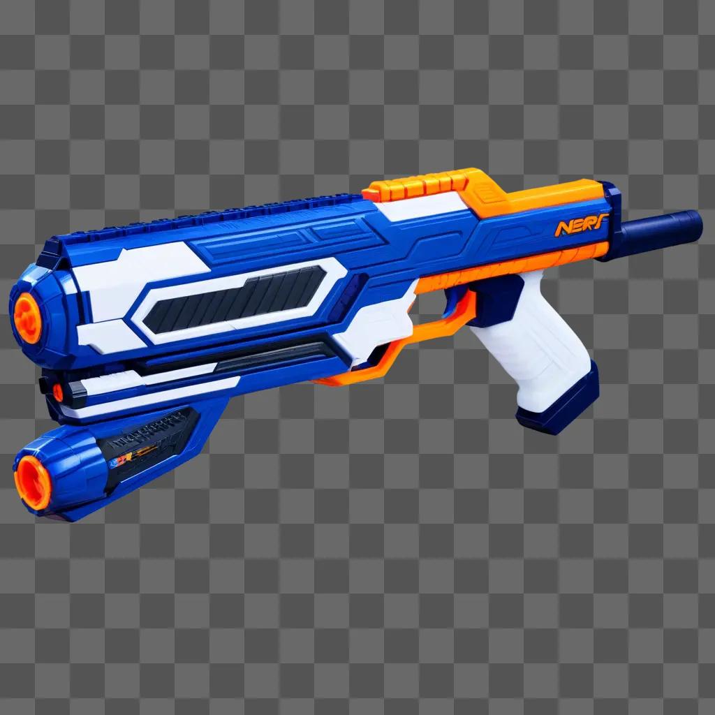 blue and orange Nerf gun on a blue background