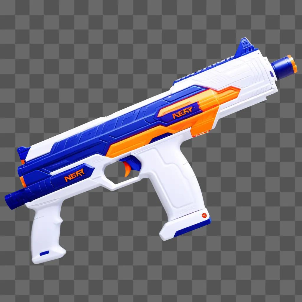 blue and orange Nerf gun with a white barrel