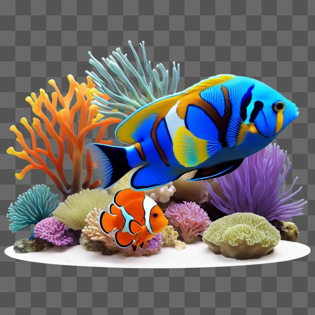 blue and orange tropical fish swims through a colorful coral reef