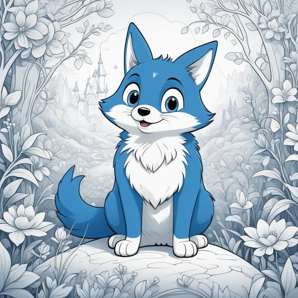 blue and white cartoon fox on a white page