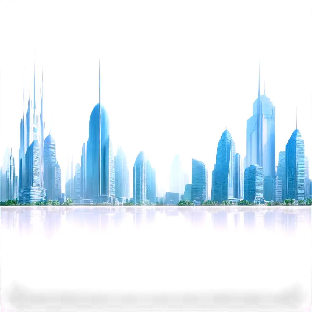 blue and white cityscape with towering buildings