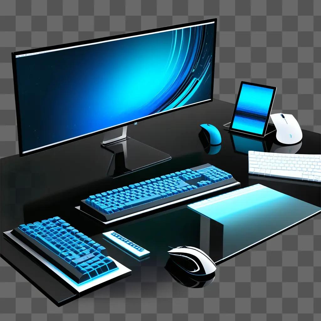 blue and white computer desk with a large monitor and keyboard