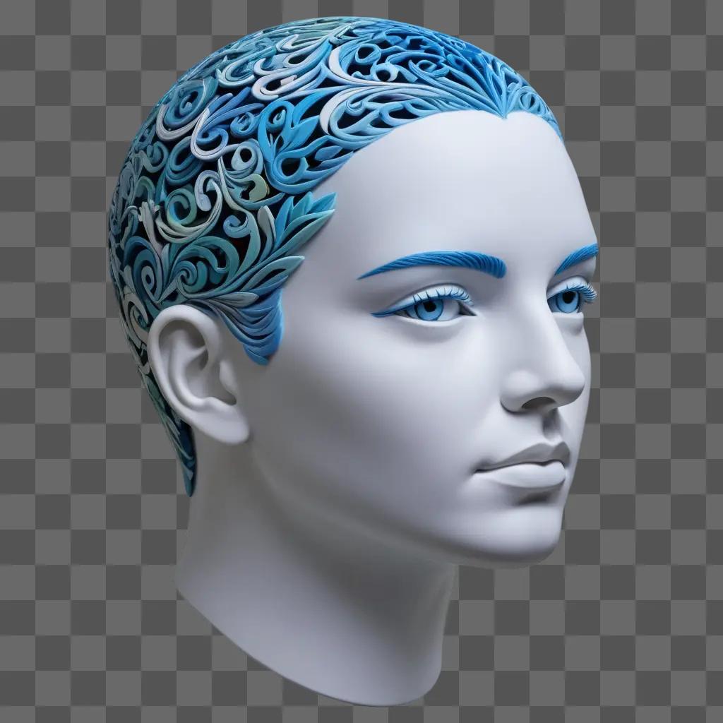 blue and white human head sculpture