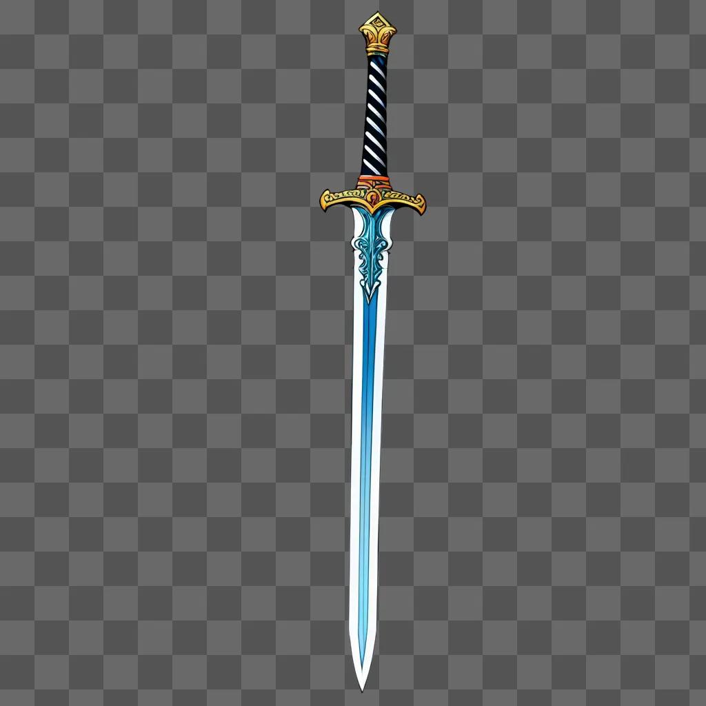 blue and white sword with a gold hilt and a black and white striped handle