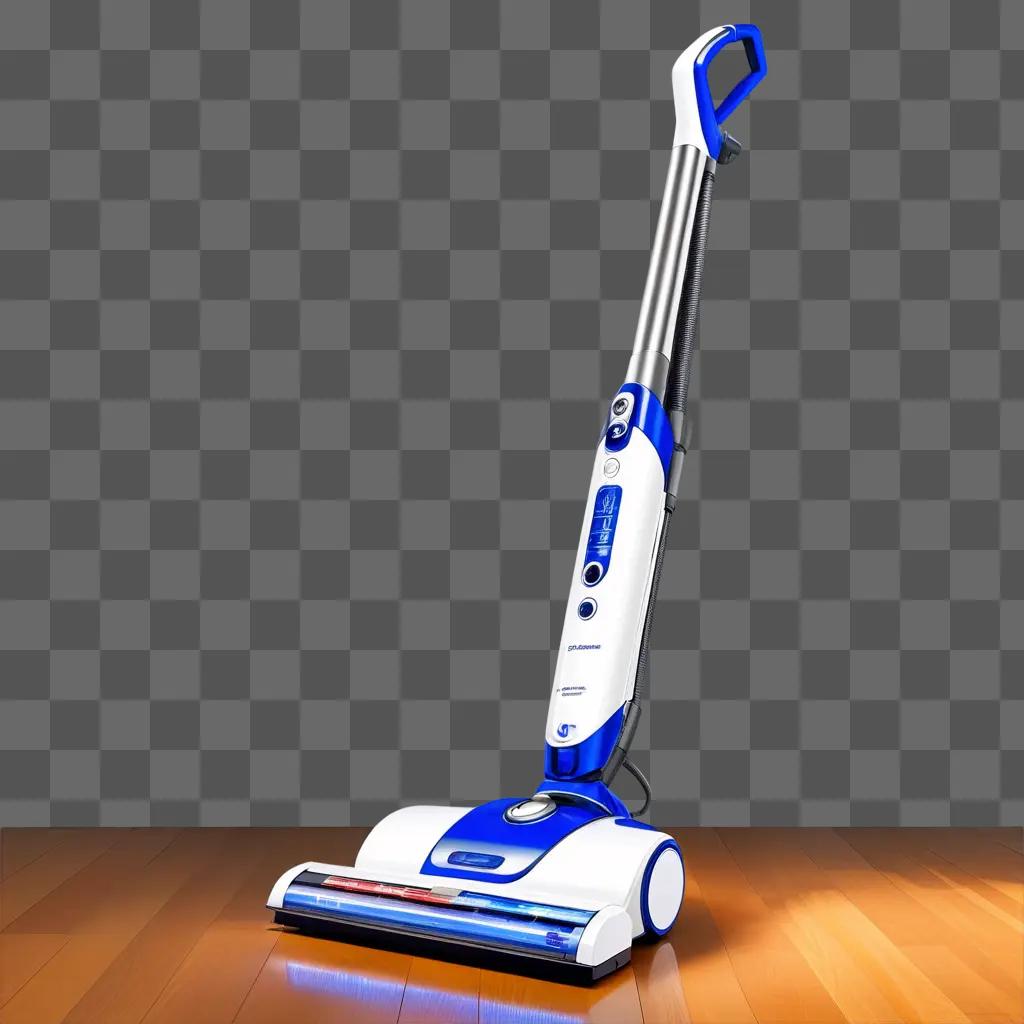 blue and white vacuum cleaner with lights on