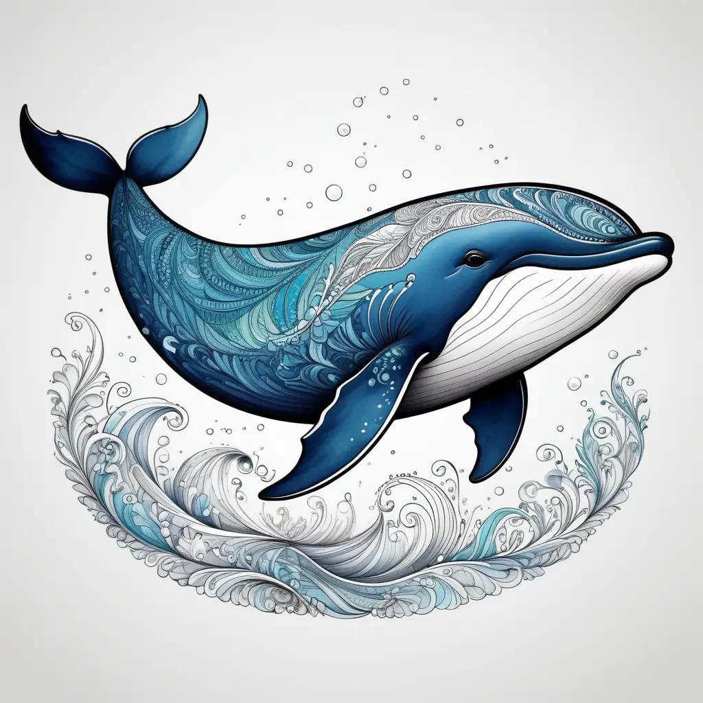 blue and white whale with a spiral design on a colorful background