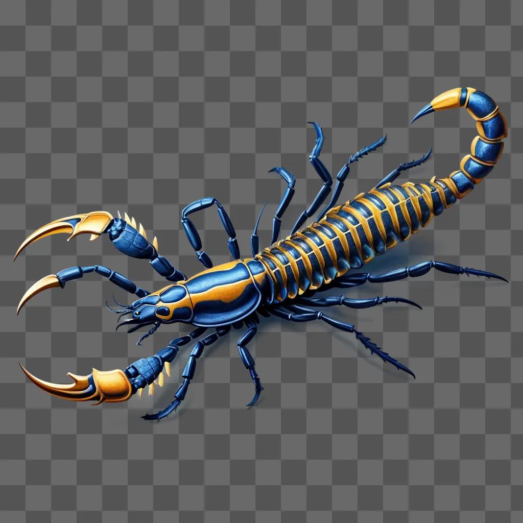 blue and yellow scorpion drawing on a grey background