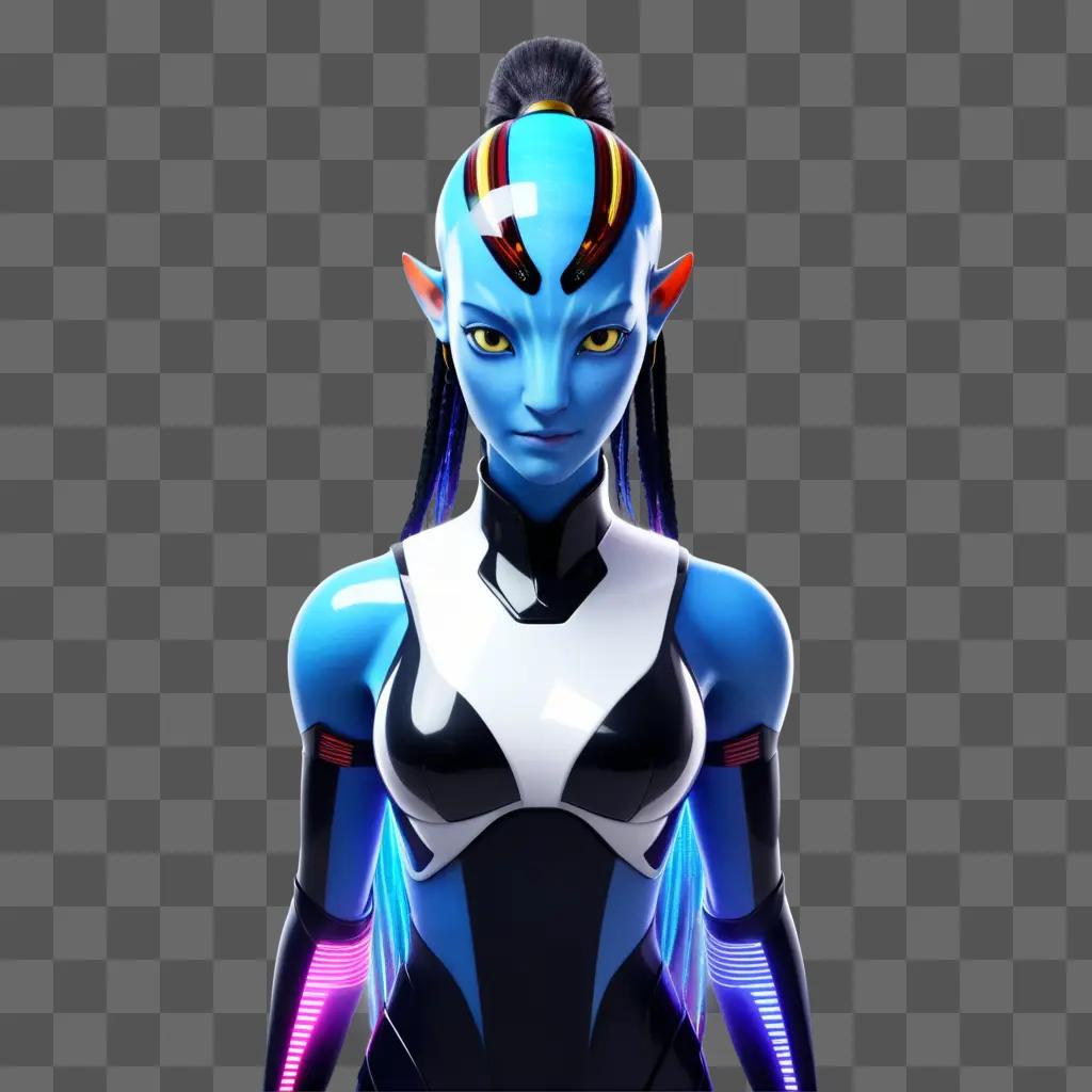 blue avatar with glowing eyes stands in front of a blue background