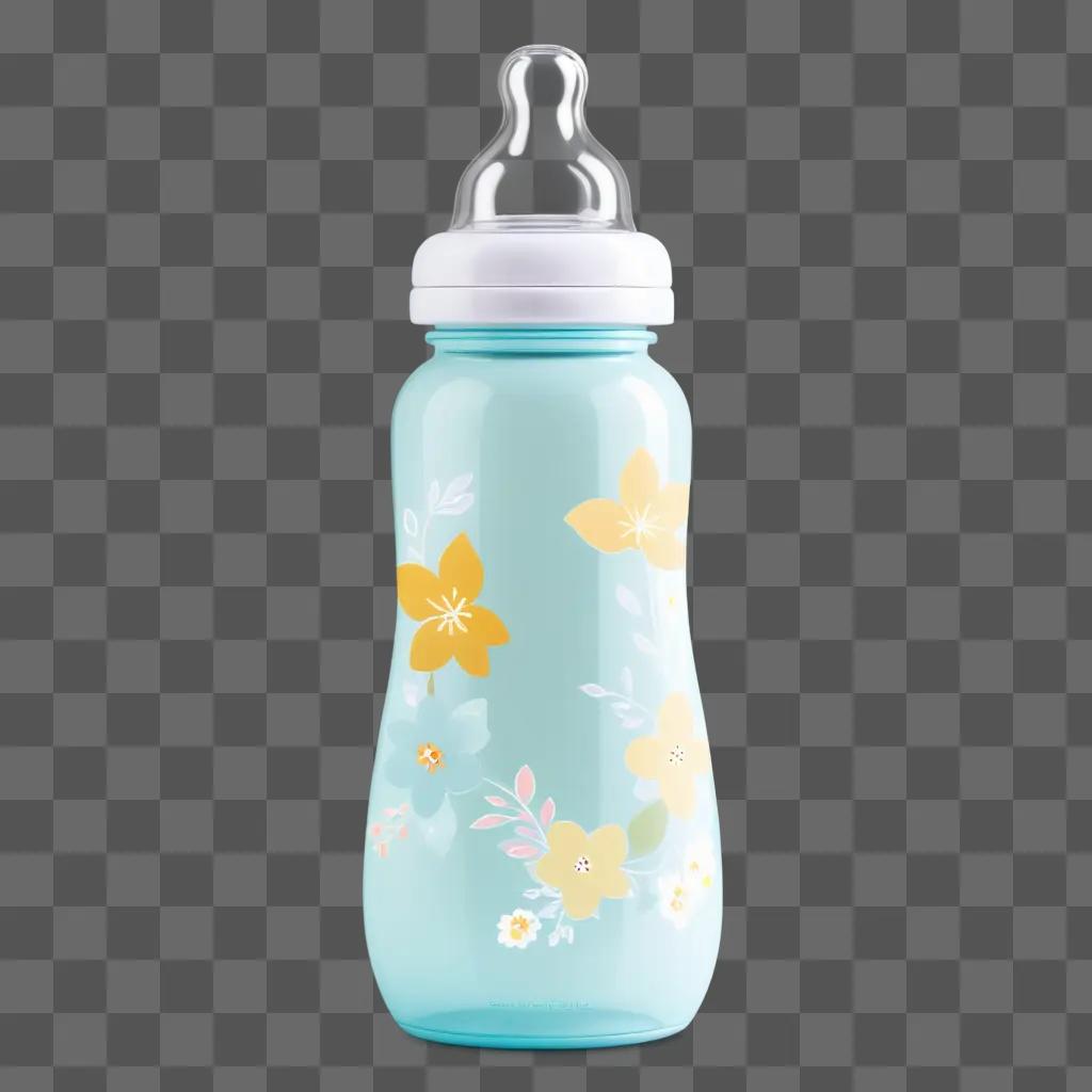 blue baby bottle with flowers on it