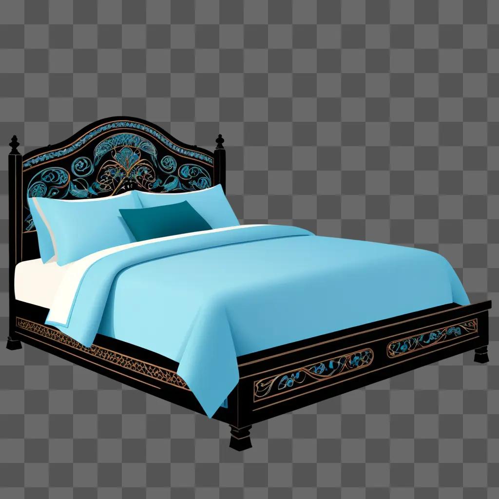 blue bed with a floral design sits in a dark room