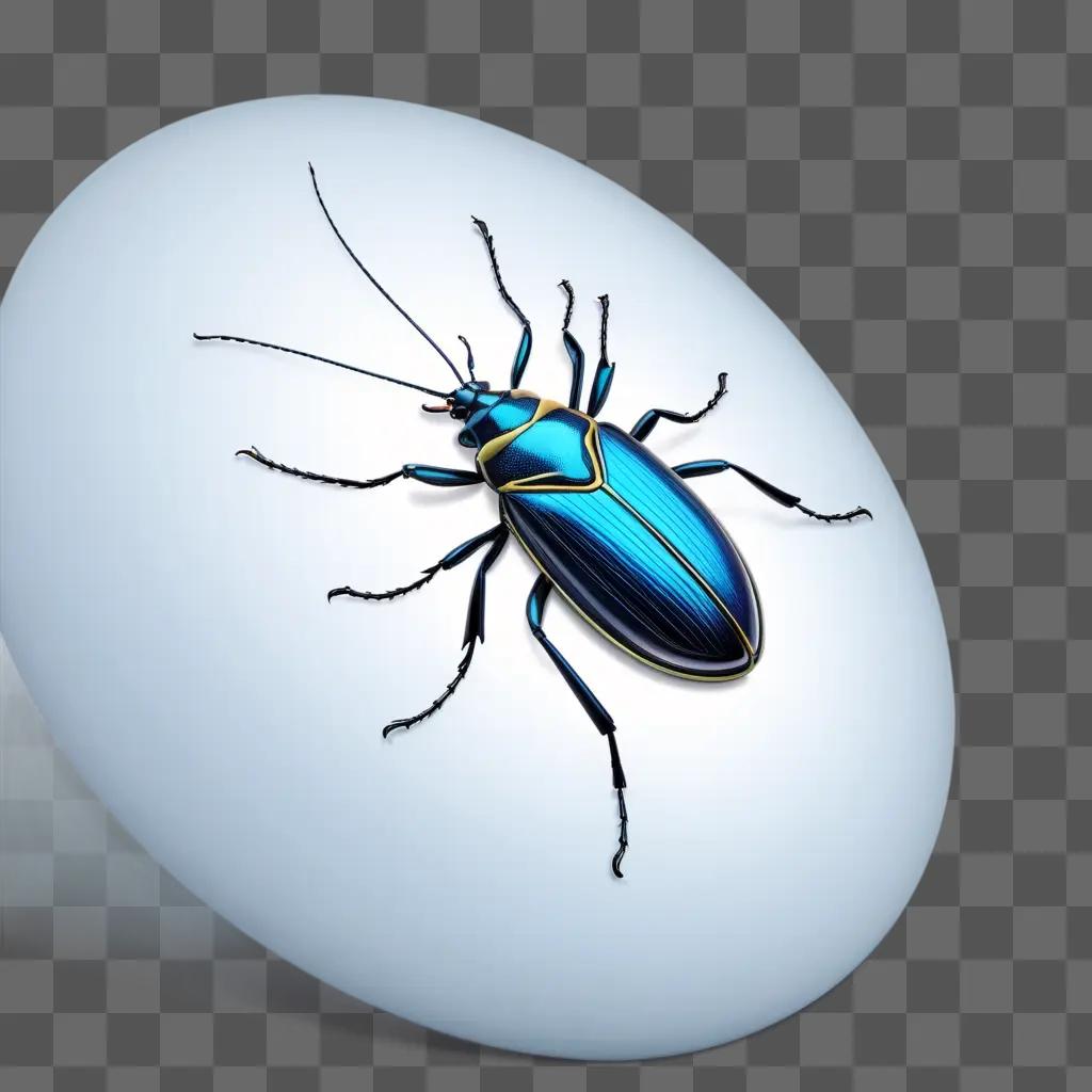 blue beetle is on a white egg