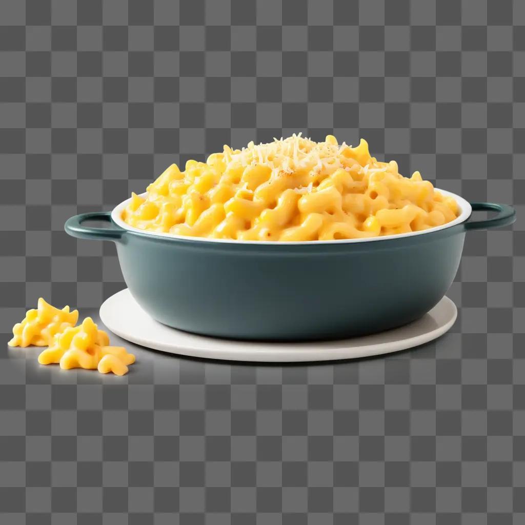 blue bowl of mac and cheese with cheese on top