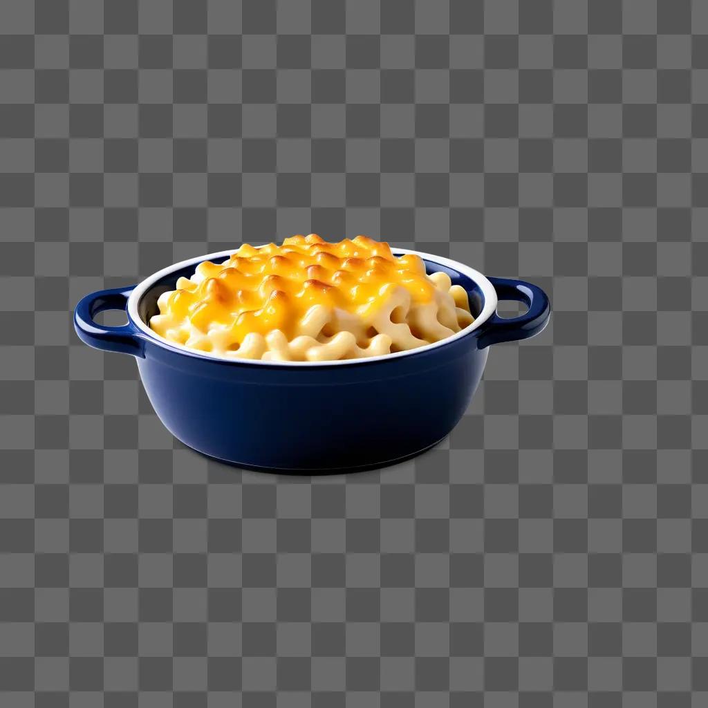 blue bowl of mac and cheese with cheese sauce