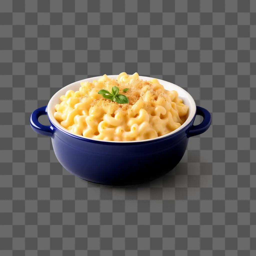 blue bowl with mac and cheese and a sprig of parsley