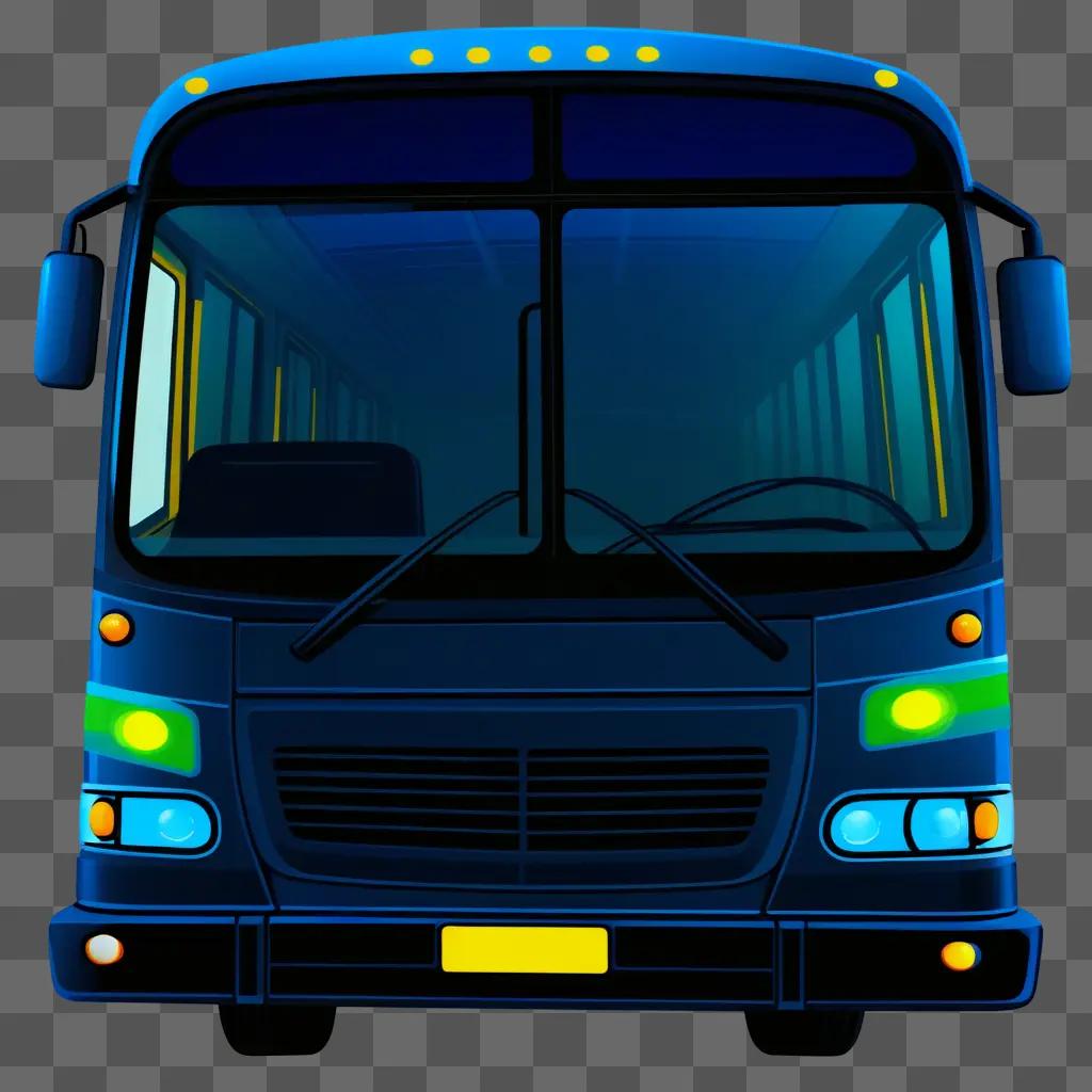 blue bus with yellow lights and headlights