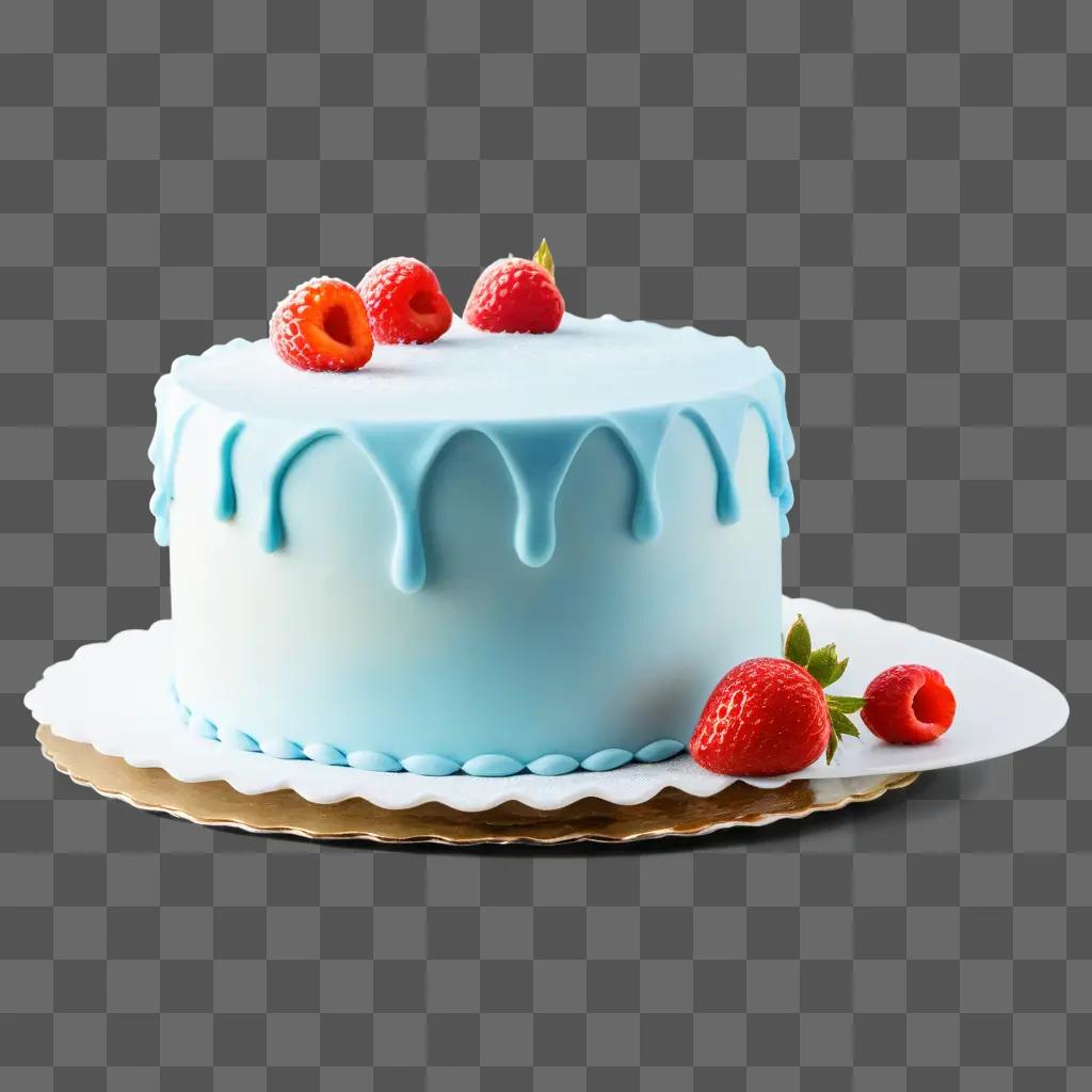 blue cake with drips and strawberries on top