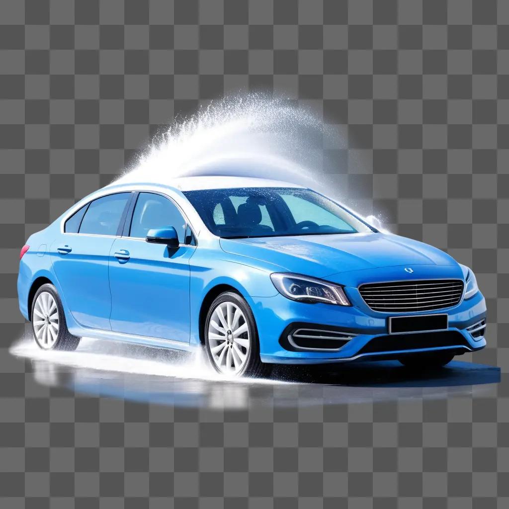 blue car is being washed in a spray of water