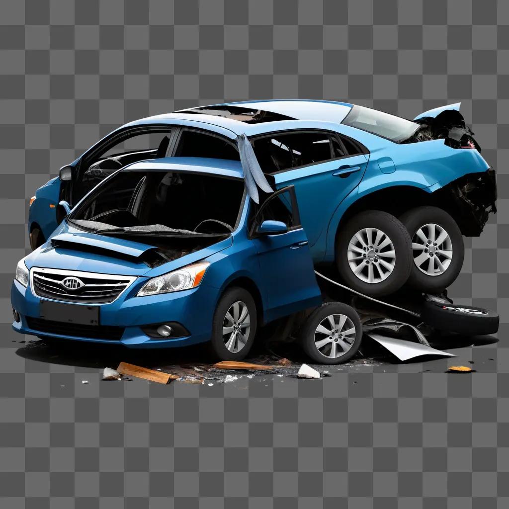 blue car is in a pile of debris after a car accident