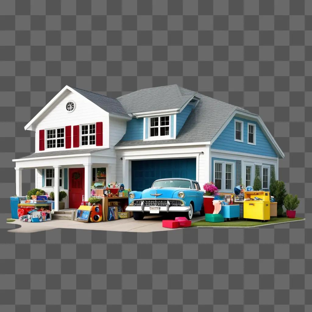 blue car is parked in a garage sale scene