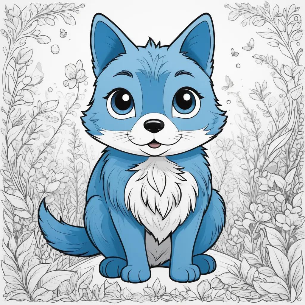 blue cat sits in a field of flowers and leaves