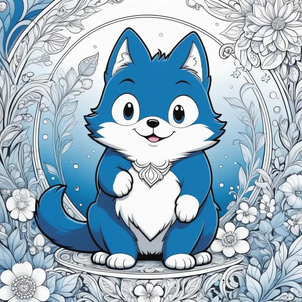 blue cat with a flower crown sits in a blue and white scene